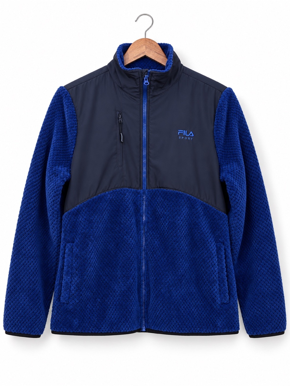 FILA Sport | Royal Blue Black Full-Zip Puffer Nylon Textured Fleece Jacket L